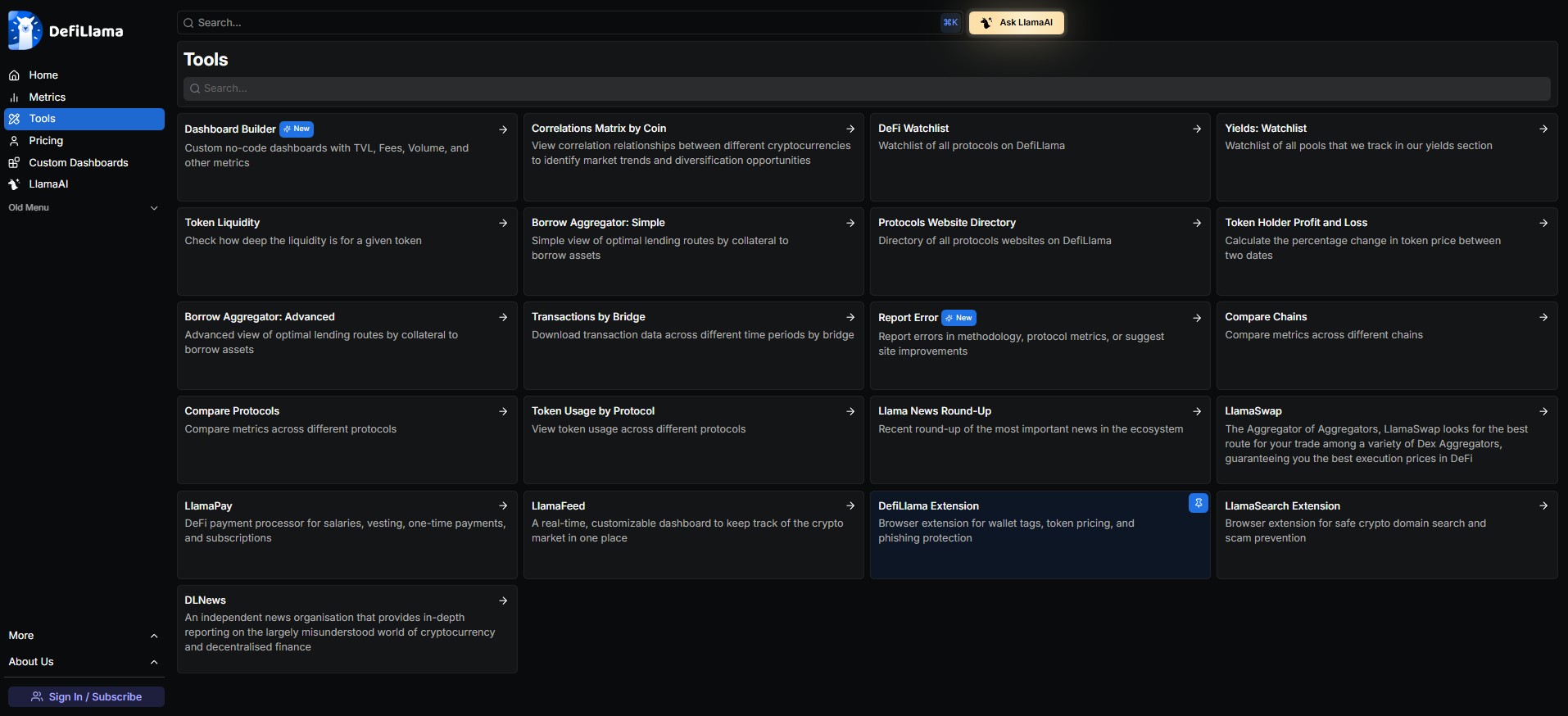 Страница DefiLlama Tools с расширением