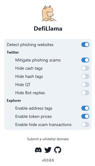 Расширение DefiLlama в браузере