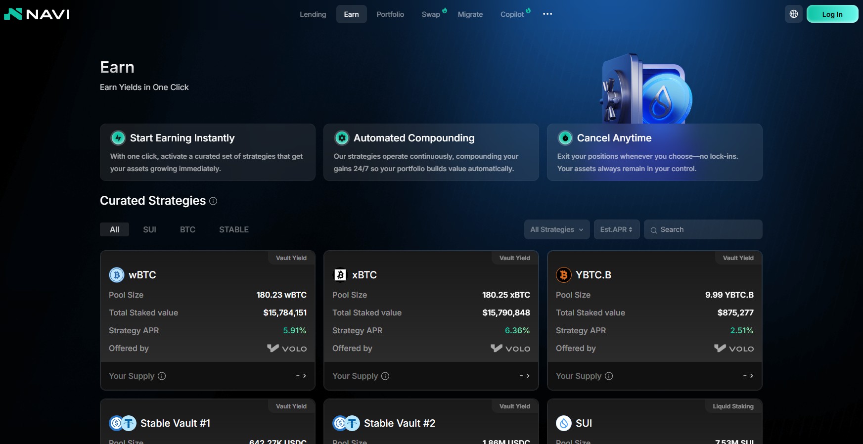 Navi Protocol Earn интерфейс