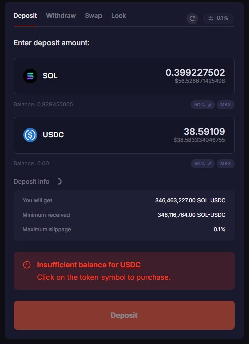 Ввод суммы депозита в пул DAMM v2