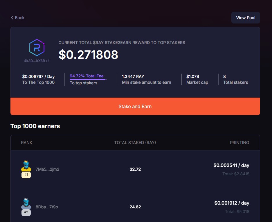 Страница стейкинга RAY