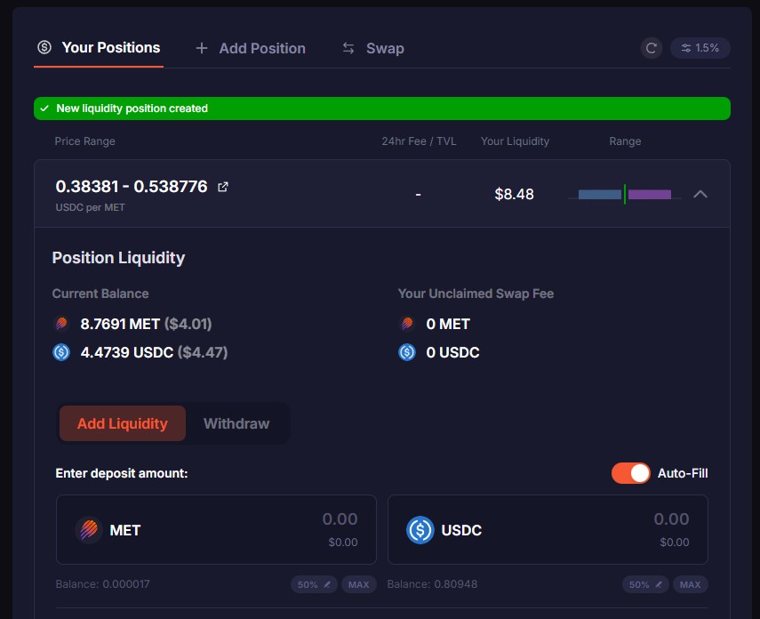 Вкладка Your Positions с активной позицией
