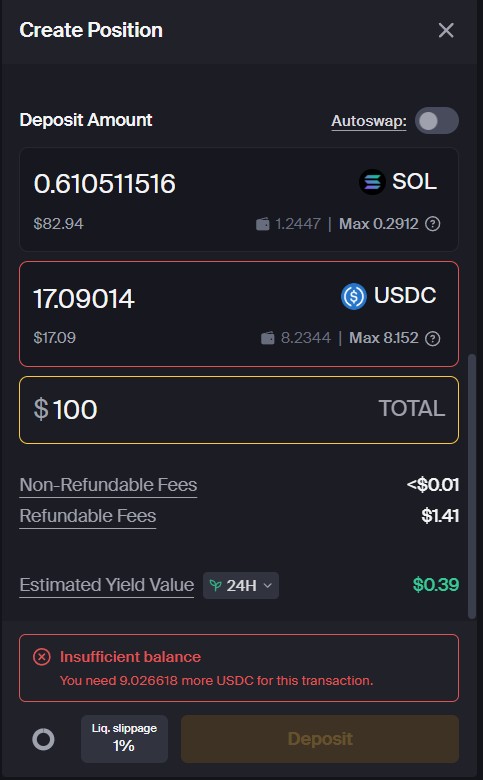 Ввод суммы депозита на Orca